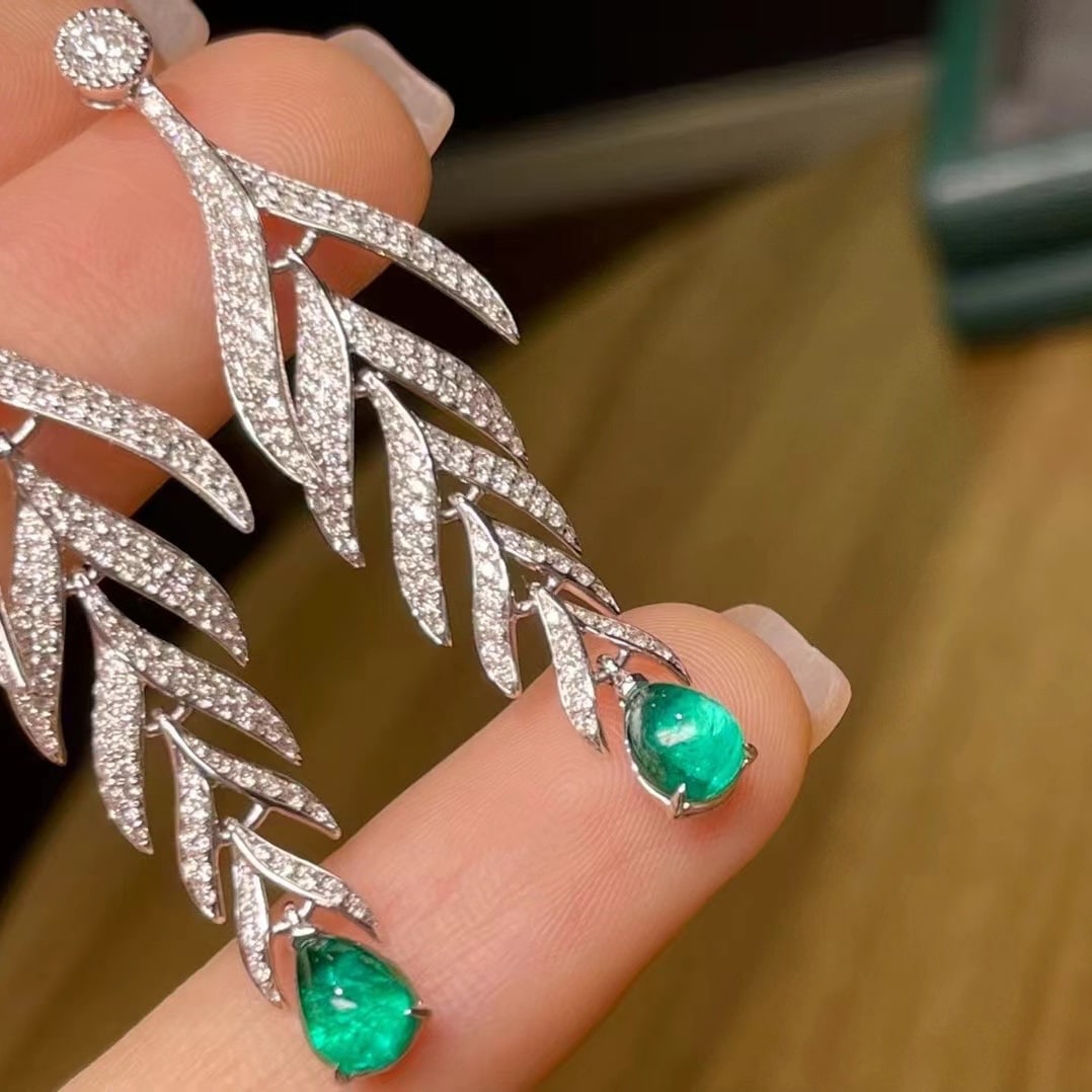 14k Gold 3.23 Ctw Natural Emerald & Diamond Earrings - 4