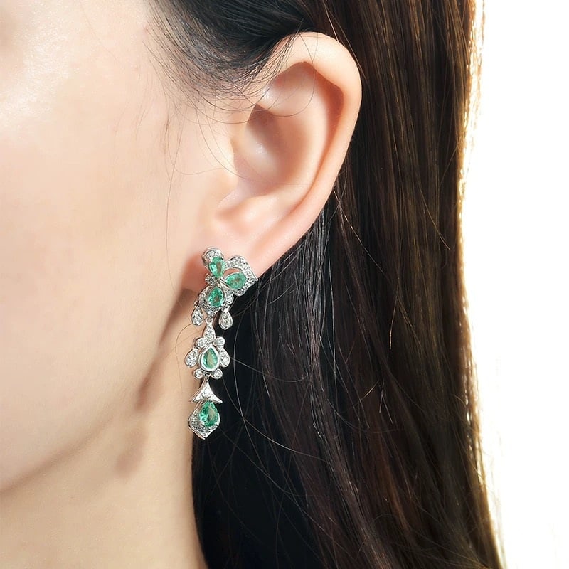 14k Gold 1.95 Ctw Natural Emerald & Diamond Earrings - 4
