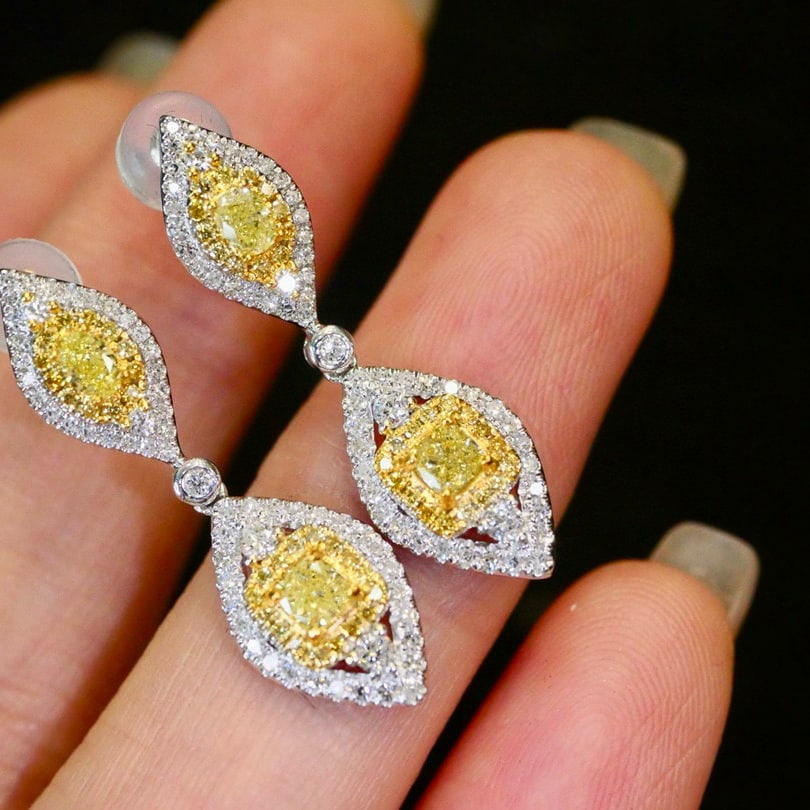 14k Gold 1.10 Ctw Natural Yellow Diamond & Diamond Earrings - 2