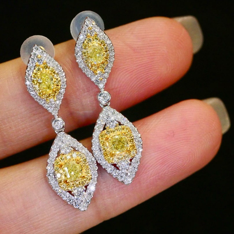 14k Gold 1.10 Ctw Natural Yellow Diamond & Diamond Earrings - 4
