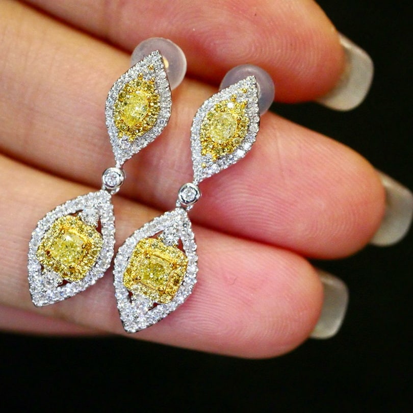 14k Gold 1.10 Ctw Natural Yellow Diamond & Diamond Earrings - 5