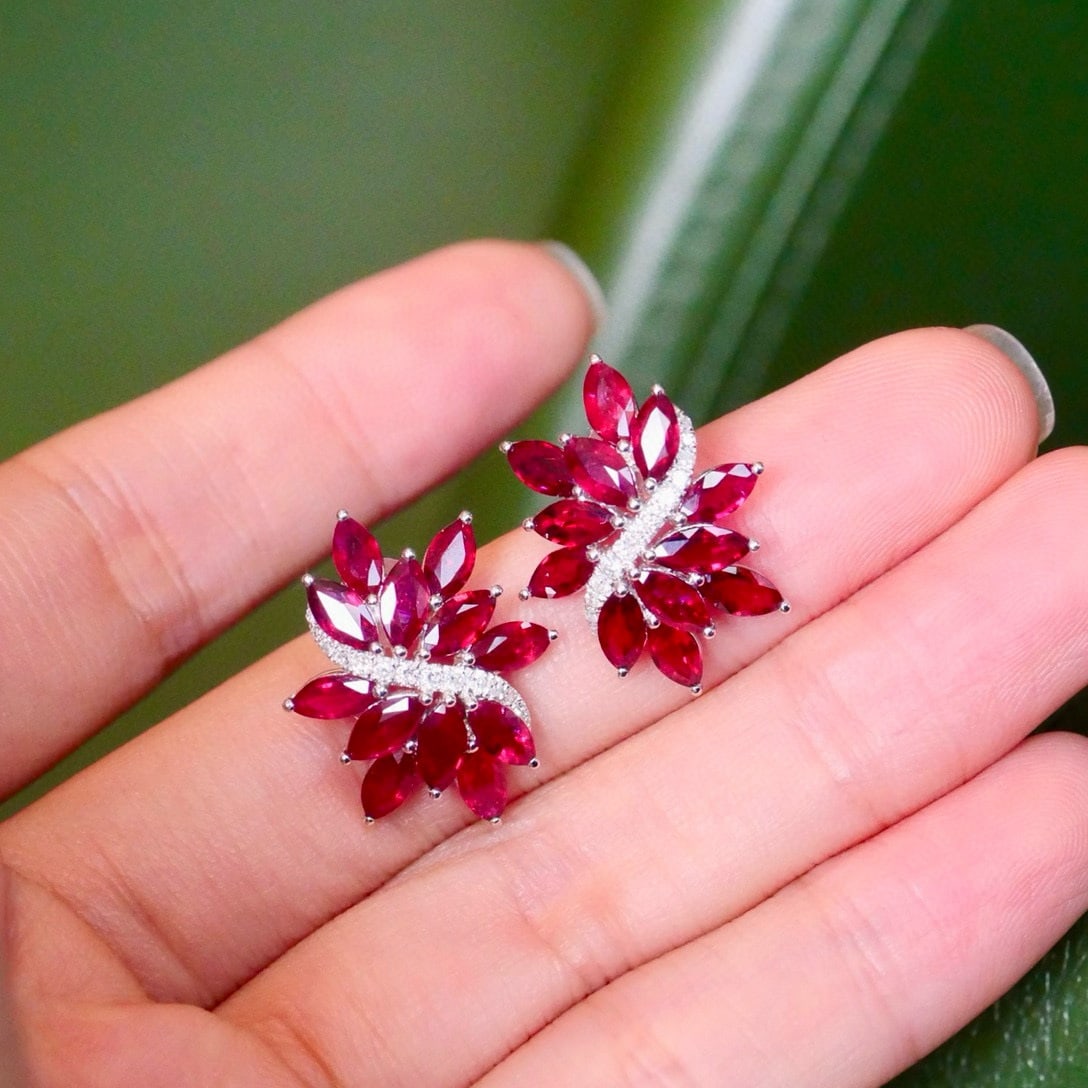 14k Gold 5.7 Ctw Vivid Red Natural Ruby & Diamond Earrings - 6