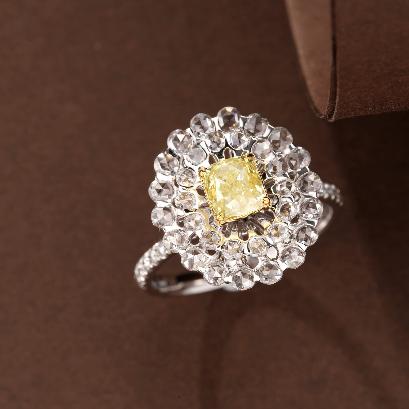 14k Gold 2.08 Ctw Natural Yellow Diamond & Diamond Ring: Ref:230974085 // gold content:14k gold // ring size:7. 25us // // main gemstone:yellow diamond // shape:cushion // carat weight:1. 00ct // color:yellow // treatment:natural // // adjacent gemstone 2