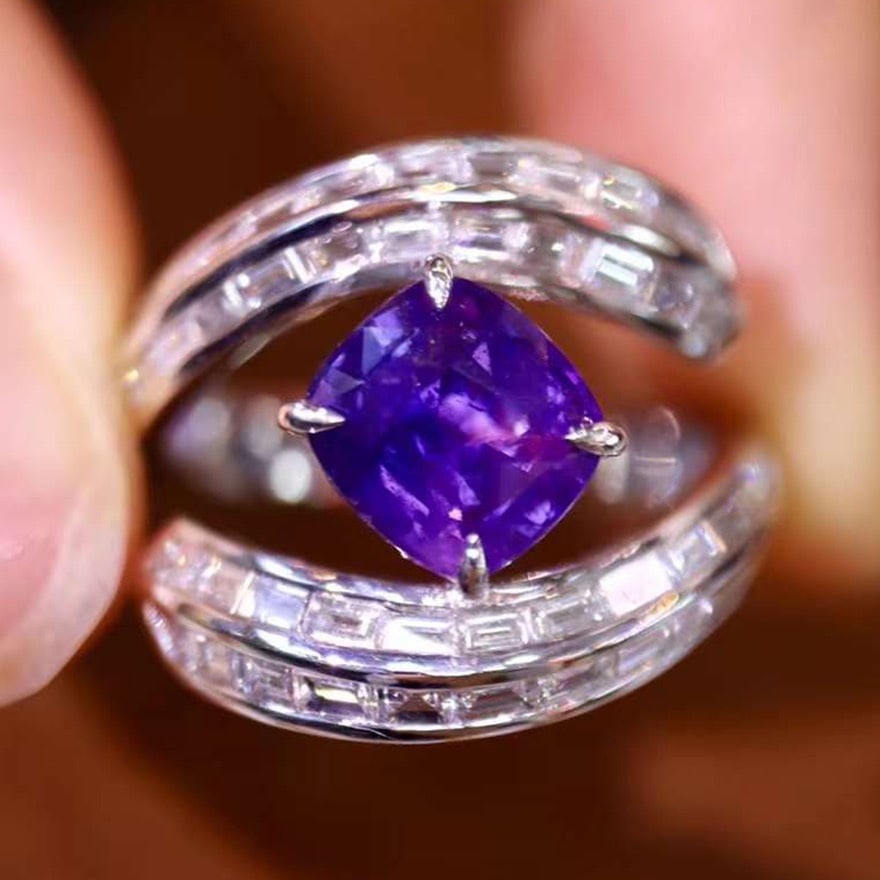 14k Gold 3.45 Ctw Natural Sapphire & Diamond Ring: Ref:230974087 // gold content:14k gold // ring size:7. 25us // // main gemstone:sapphire // shape:cushion // carat weight:2. 25ct // color:purple // treatment:natural // // adjacent gemstone 2 :