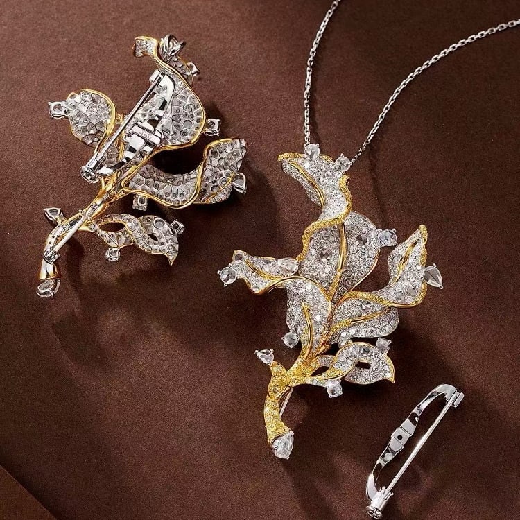 14k Gold 9.15 Ct Natural Color Diamond Earrings/brooch: Ref:230974099 // gold content:14k gold // main gemstone:diamond // shape:multiply // carat weight:9. 15ct // clarity grade:vs-si // color:color // treatment:natural // Condition: New Low Estimate: