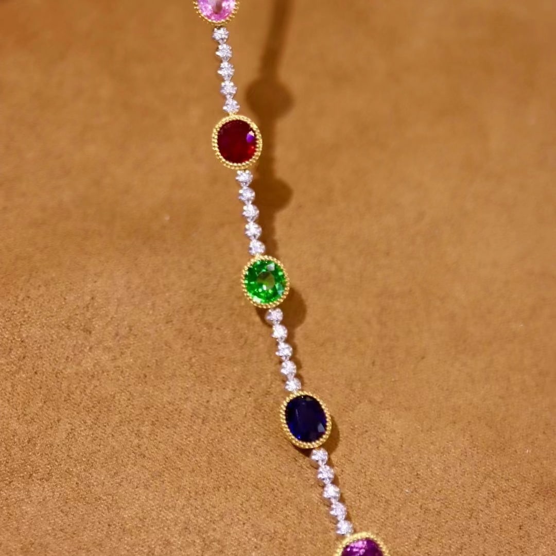 14k Gold 4.43 Ctw Natural Sapphire & Ruby & Tsavorite & Diamond Bracelet - 3