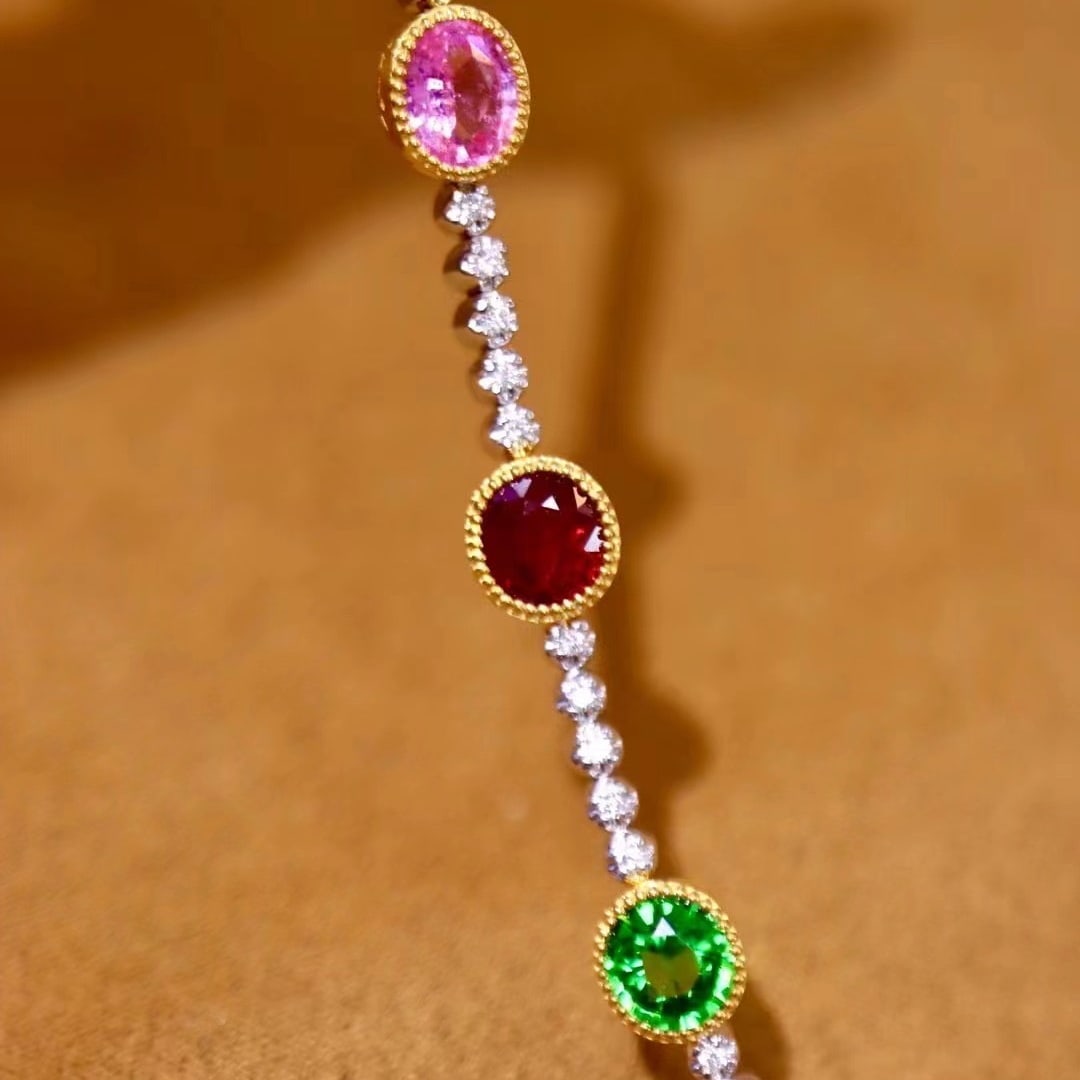 14k Gold 4.43 Ctw Natural Sapphire & Ruby & Tsavorite & Diamond Bracelet - 4