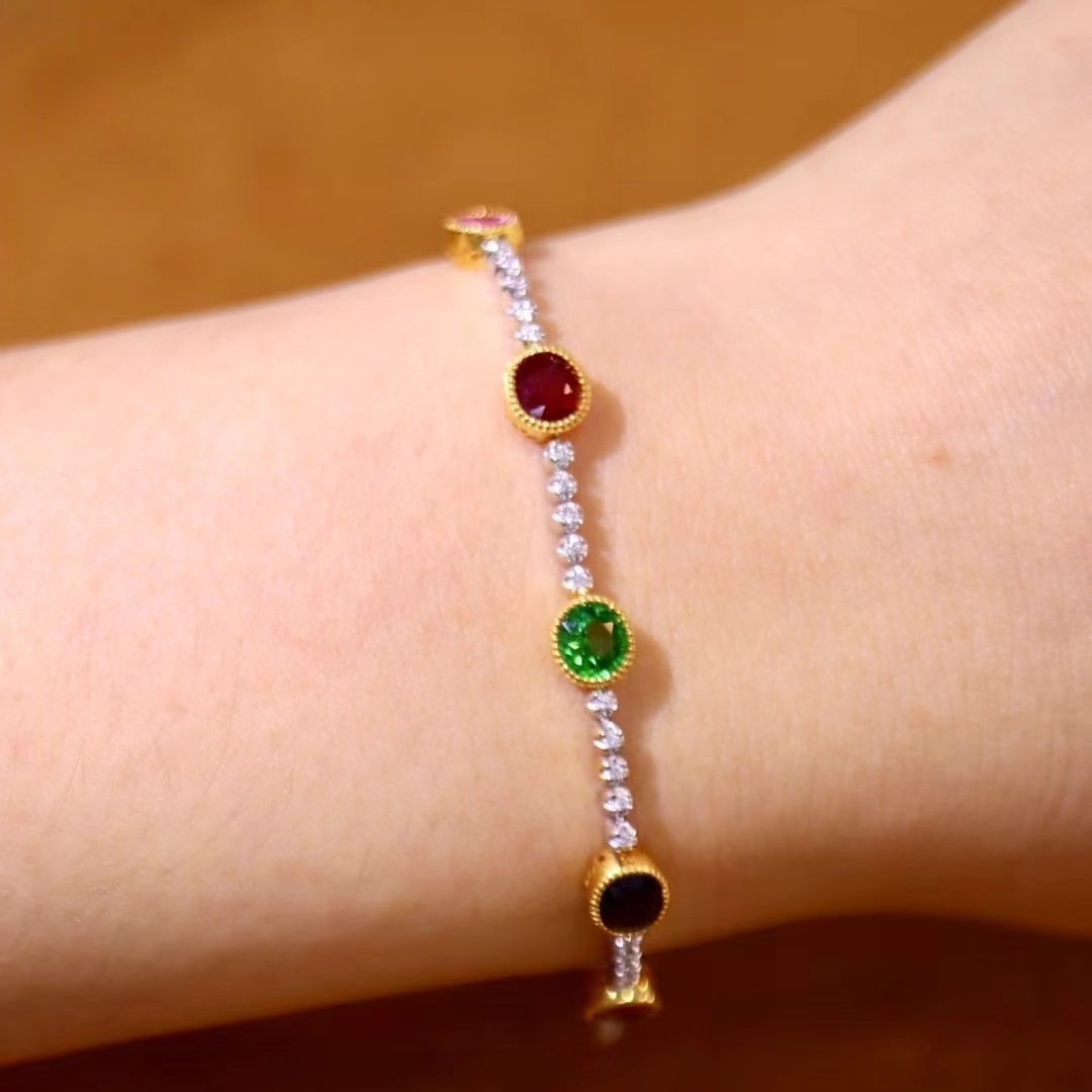 14k Gold 4.43 Ctw Natural Sapphire & Ruby & Tsavorite & Diamond Bracelet - 5