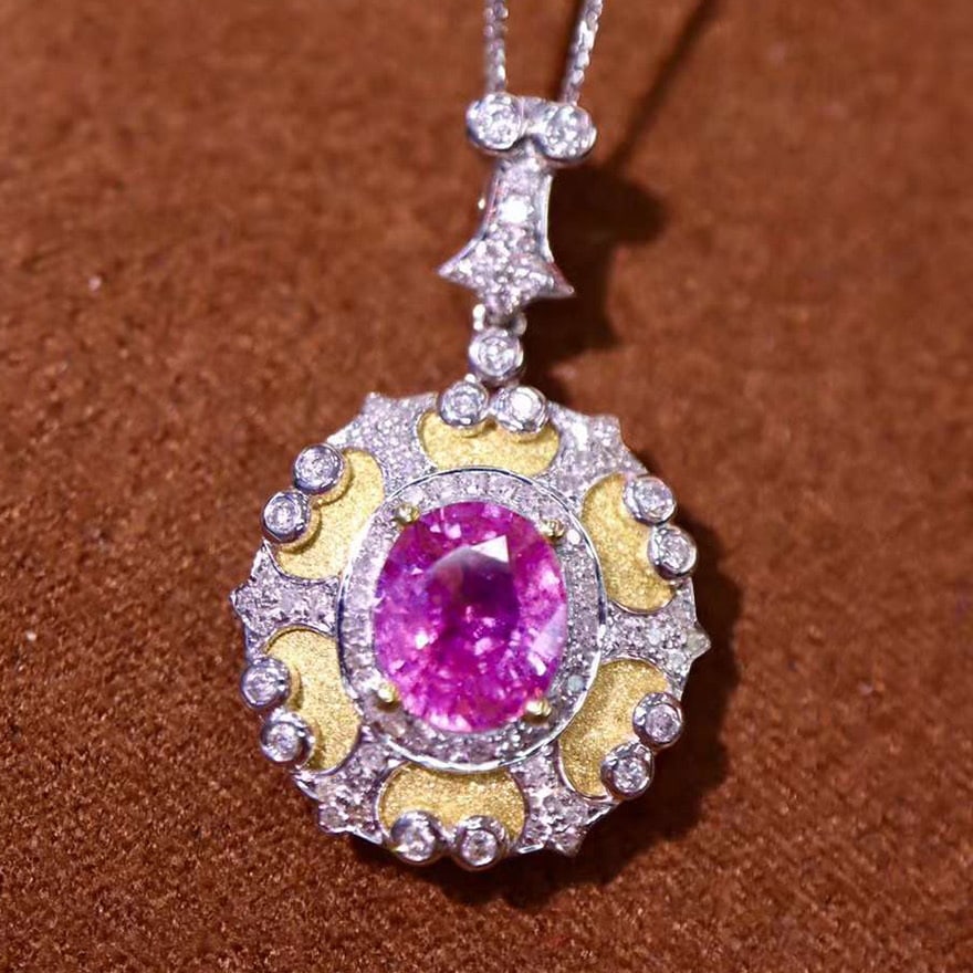 14k Gold 1.94 Ctw Natural Sapphire & Diamond Pendant( Without Chain ): Ref:230974130 // gold content:14k gold // main gemstone:sapphire // shape:oval // carat weight:1. 62ct // color:pink // treatment:natural // // adjacent gemstone 2 : diamond // shape:round // carat