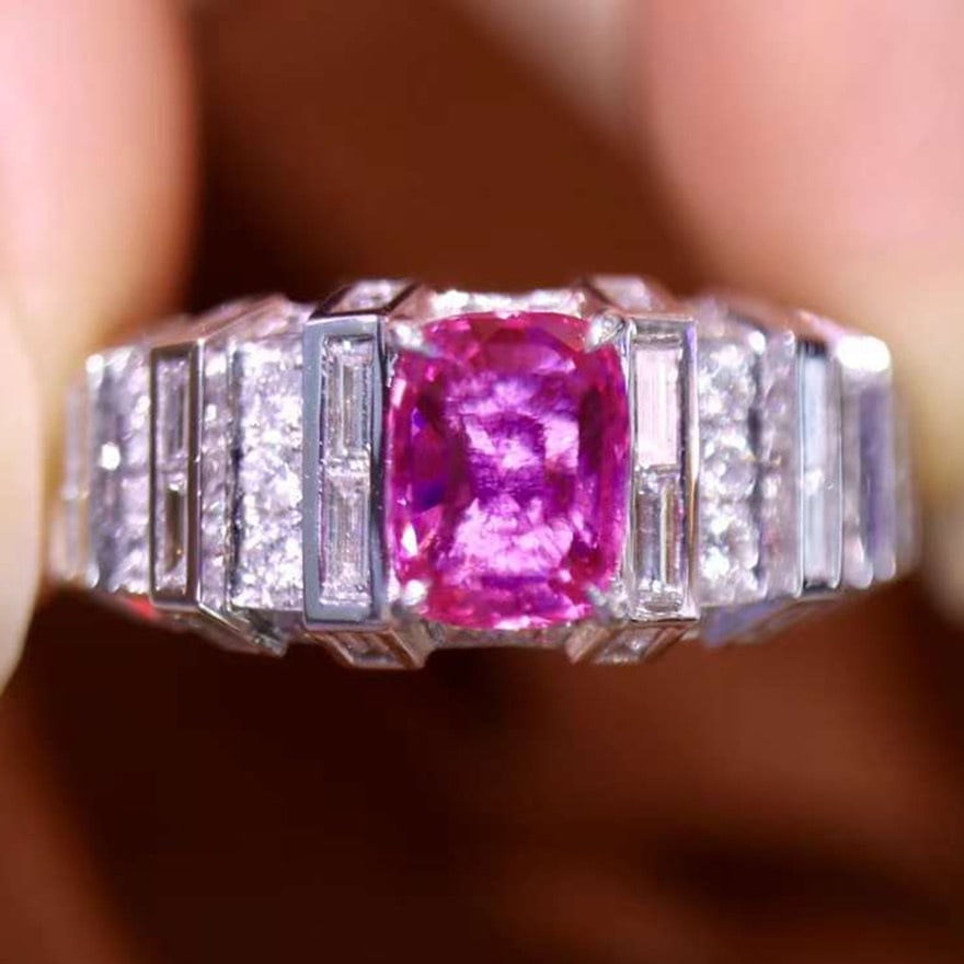 14k Gold 2.54 Ctw Natural Padparadscha Sapphire & Diamond Ring: Ref:230974235 // gold content:14k gold // ring size:7. 25us // // main gemstone:padparadscha sapphire // shape:cushion // carat weight:1. 54ct // color:orangish pink // treatment:natural // // adjacen