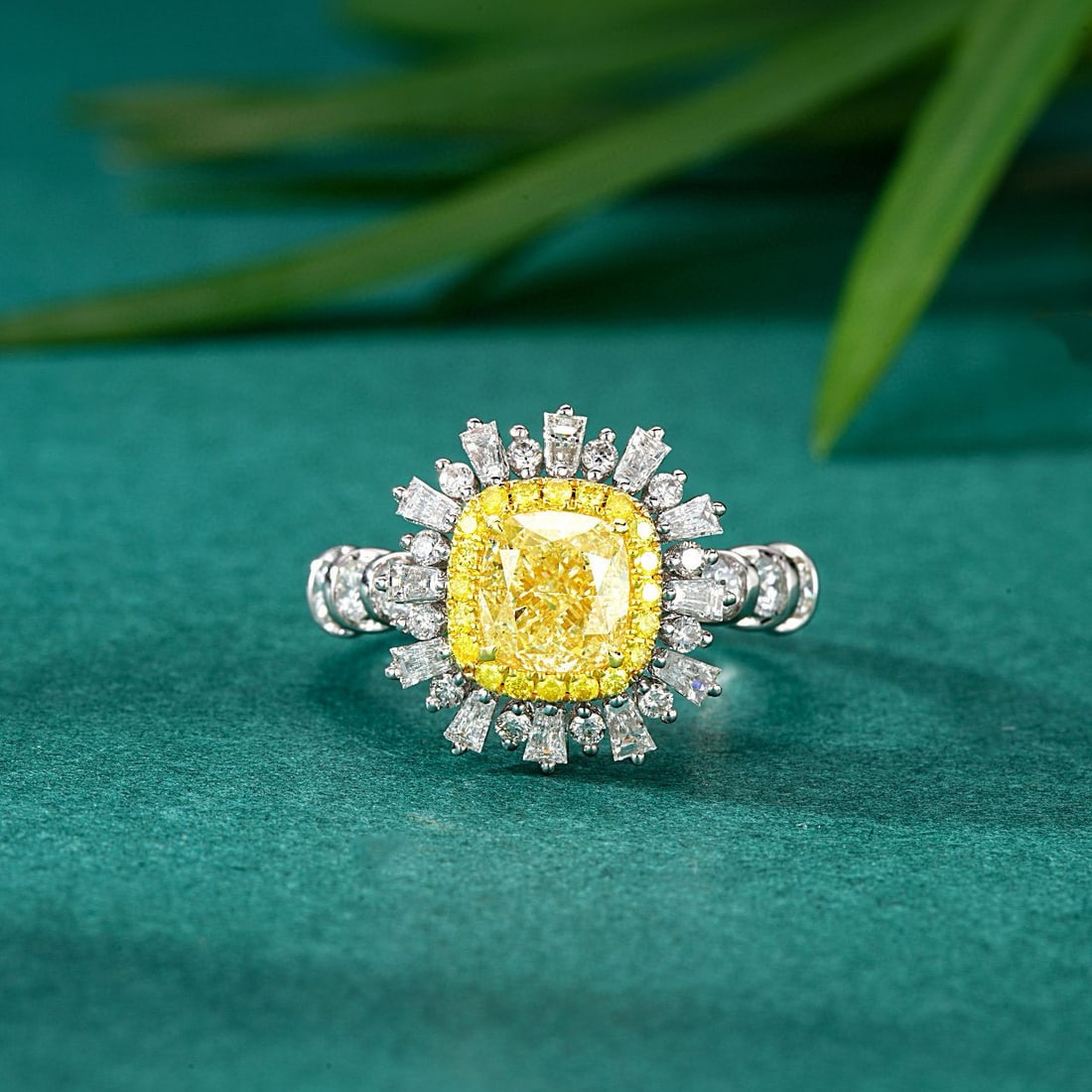 14k Gold 2.41 Ctw Natural Yellow Diamond & Diamond Ring: Ref:230974256 // gold content:14k gold // ring size:7. 25us // // main gemstone:yellow diamond // shape:cushion // carat weight:1. 51ct // color:yellow // treatment:natural // // adjacent gemstone 2 :