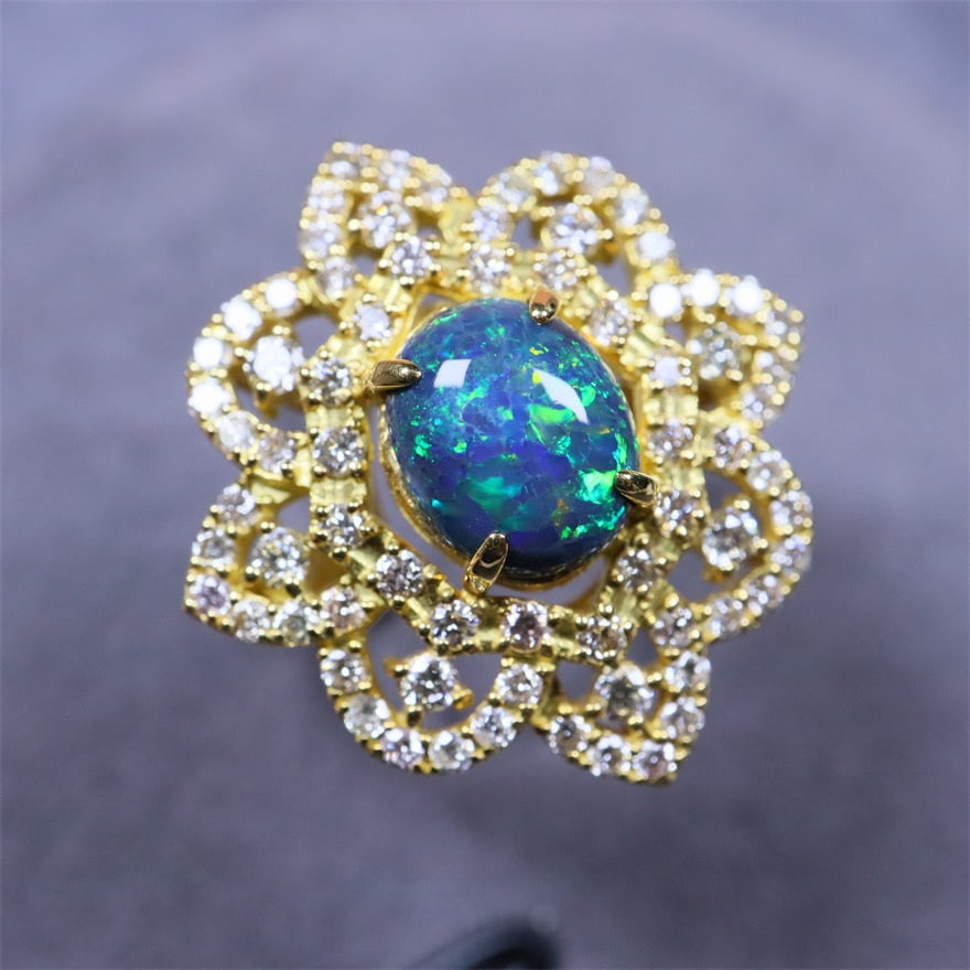 14k Gold 1.7 Ctw Natural Opal & Diamond Ring - 7