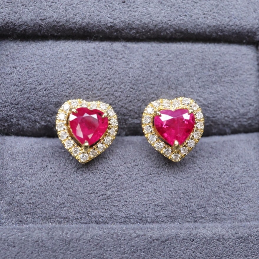 14k Gold 0.70 Ctw Natural Ruby & Diamond Earrings: Ref:230974387 // gold content:14k gold // main gemstone:ruby // shape:heart // carat weight:0. 57ct // color:red // treatment:natural // // adjacent gemstone 2 : diamond // shape:round // carat weight