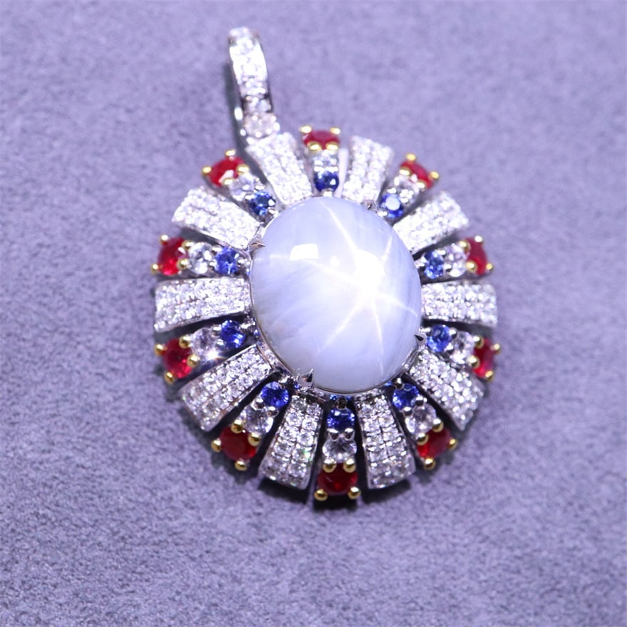 14k Gold 10.39 Ctw Natural Star Sapphire & Diamond Pendant( Without Chain ): Ref:230974394 // gold content:14k gold // main gemstone:star sapphire // shape:oval // carat weight:9. 92ct // color:purple // treatment:natural // // adjacent gemstone 2 : diamond // shape:round //