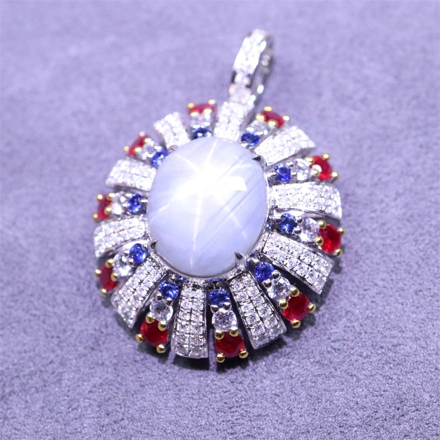 14k Gold 10.39 Ctw Natural Star Sapphire & Diamond Pendant( Without Chain ) - 4