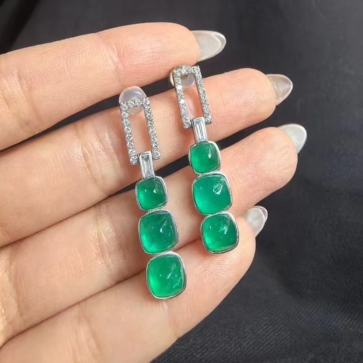 14k Gold 6.2 Ct Natural Emerald & Diamond Earrings - 4