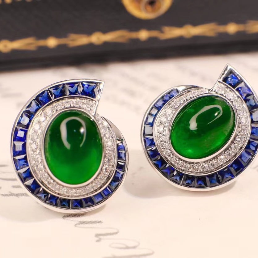 14k Gold 4.71 Ctw Vivid Green Natural Emerald & Sapphire Earrings - 2