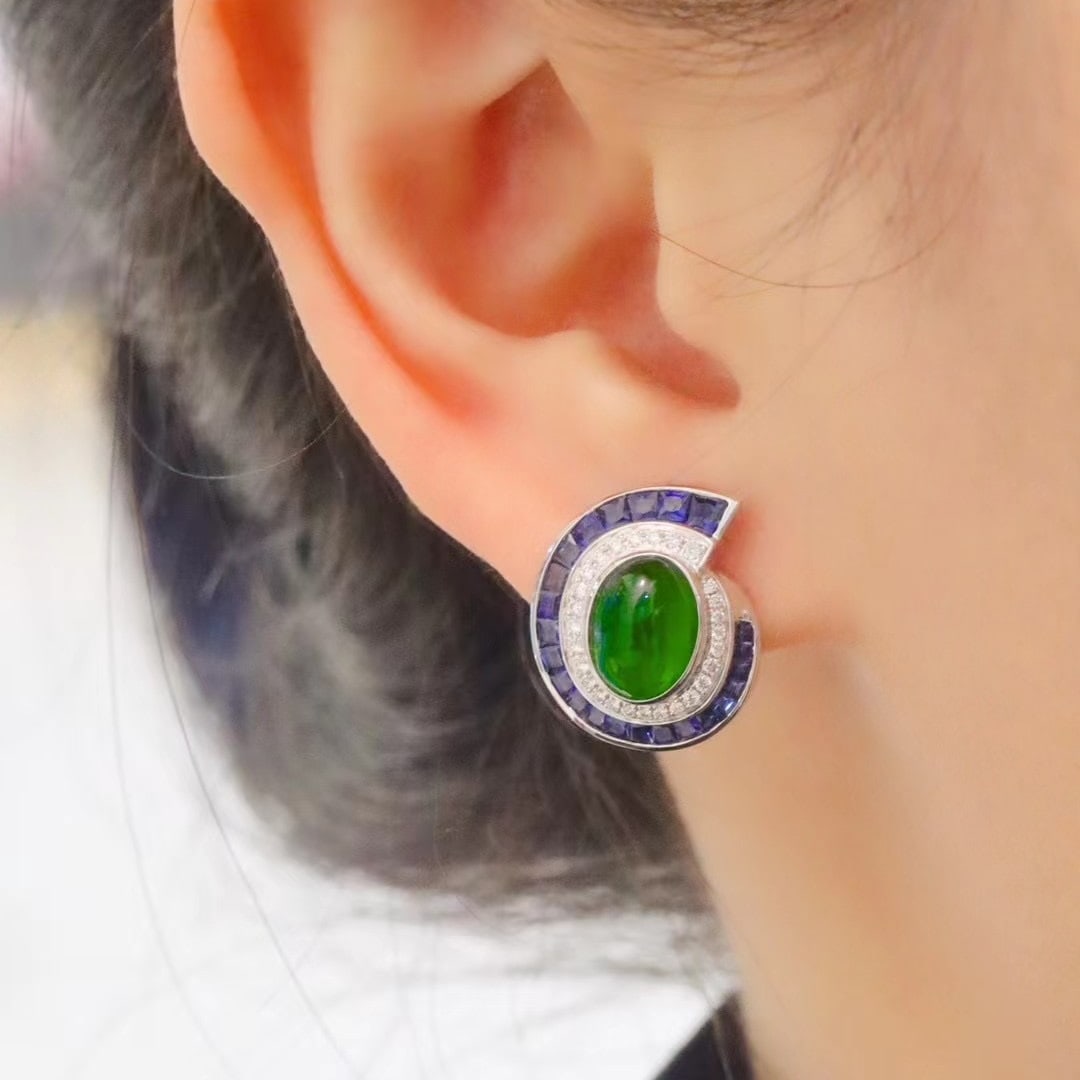 14k Gold 4.71 Ctw Vivid Green Natural Emerald & Sapphire Earrings - 6