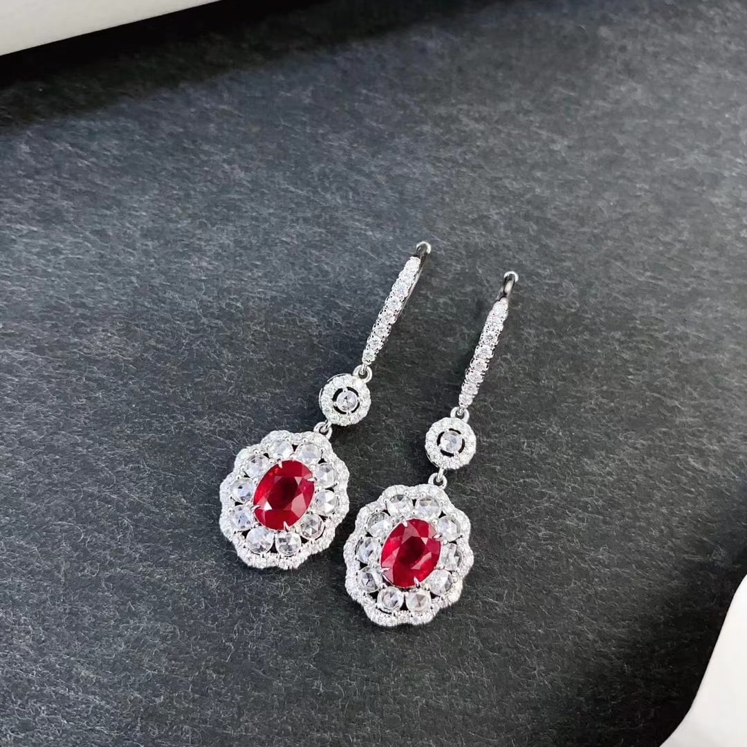 14k Gold 3.44 Ctw Vivid Red Natural Ruby & Diamond Earrings - 2