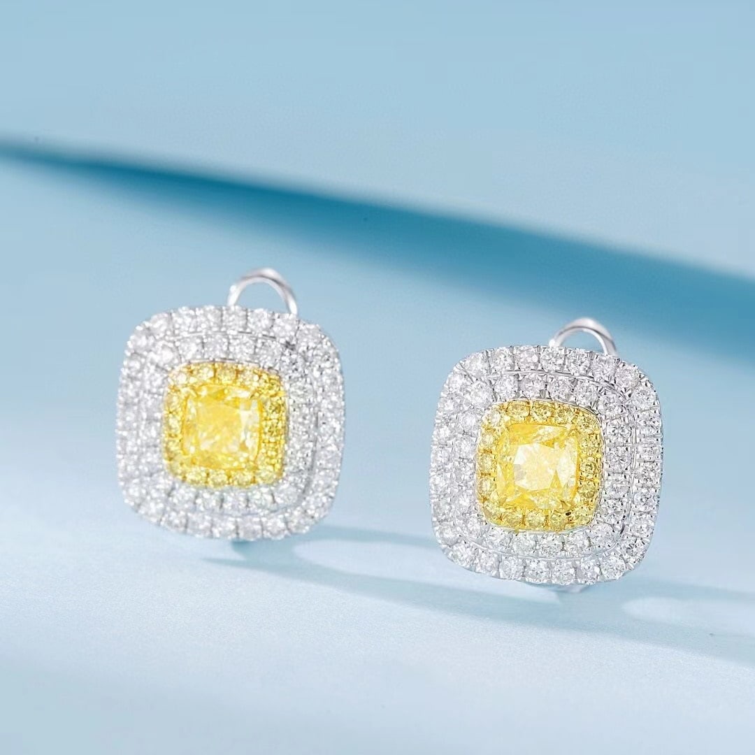 14k Gold 2.08 Ctw Natural Yellow Diamond & Diamond Earrings: Ref:230971229 // gold content:14k gold // main gemstone:yellow diamond // shape:cushion // carat weight:1. 32ct // color:yellow // treatment:natural // // adjacent gemstone 2 : diamond // shape:round 