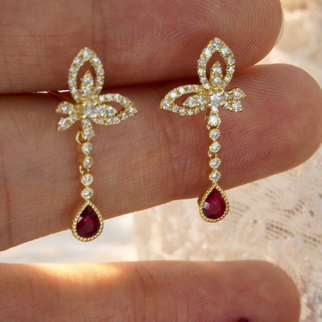 14k Gold 0.8 Ctw Natural Ruby & Diamond Earrings - 3