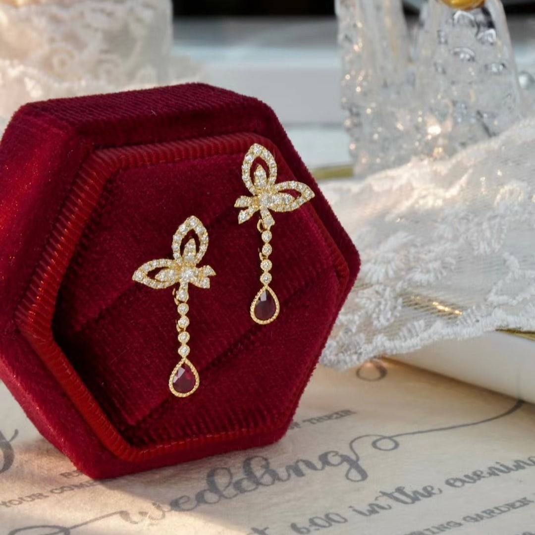 14k Gold 0.8 Ctw Natural Ruby & Diamond Earrings - 6
