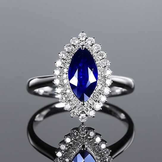 14k Gold 1.99 Ctw Natural Sapphire & Diamond Ring: Ref:230972033 // gold content:14k gold // ring size:7. 25us // // main gemstone:sapphire // shape:marquise // carat weight:1. 58ct // color:royal blue // treatment:natural // // adjacent gemstone 2 :