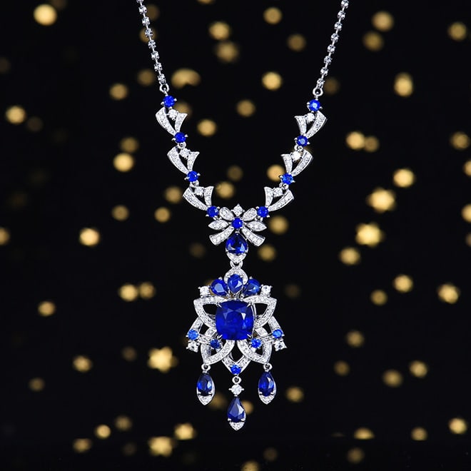14k Gold 3.39 Ctw Natural Sapphire & Diamond Necklace: Ref:230972097 // gold content:14k gold // main gemstone:sapphire // shape:cushion // carat weight:2. 93ct // color:royal blue // treatment:natural // // adjacent gemstone 2 : diamond // number of ston