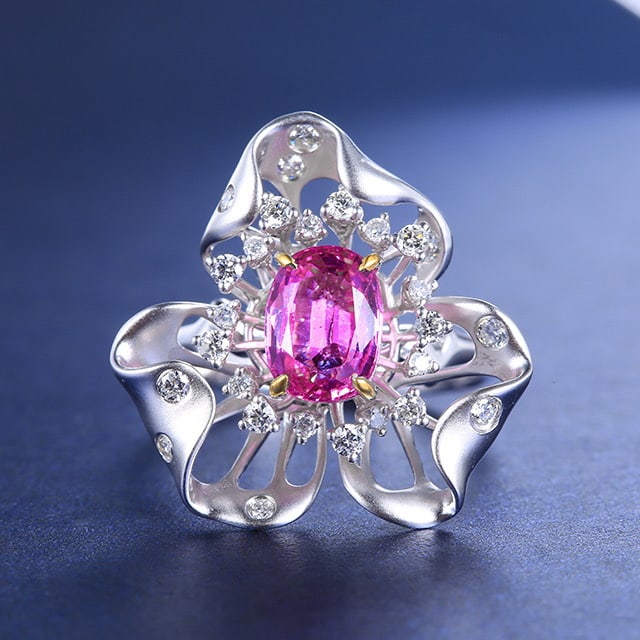 14k Gold 2.51 Ctw Natural Padparadscha Sapphire & Diamond Ring: Ref:230972136 // gold content:14k gold // ring size:7. 25us // // main gemstone:padparadscha sapphire // shape:oval // carat weight:2. 1ct // color:orangish pink // treatment:natural // // adjacent ge