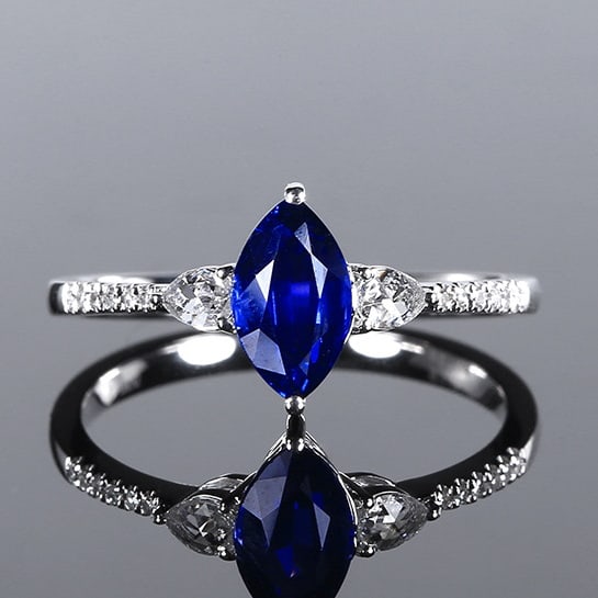 14k Gold 1.26 Ctw Natural Sapphire & Diamond Ring: Ref:230972178 // gold content:14k gold // ring size:7. 25us // // main gemstone:sapphire // shape:marquise // carat weight:1. 15ct // color:royal blue // treatment:natural // // adjacent gemstone 2 :