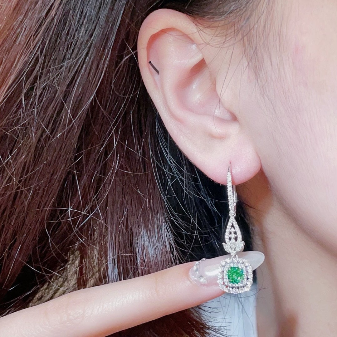 14k Gold 2.62 Ctw Natural Green Diamond & Diamond Earrings - 2