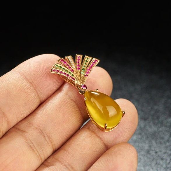 14k Gold 10.05 Ct Natural Prehnite & Ruby & Tsavorite & Diamond Pendant( Without Chain ) - 6