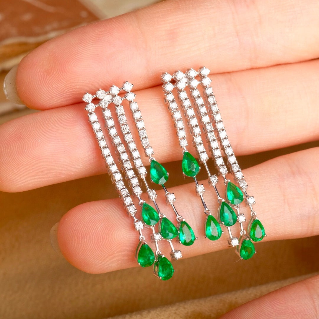 14k Gold 2.3 Ct Vivid Green Natural Emerald & Diamond Earrings - 4