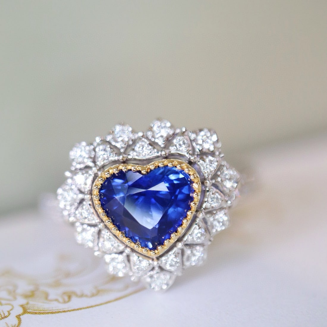 14k Gold 1.31 Ctw Natural Sapphire & Diamond Ring: Ref:230975094 // gold content:14k gold // ring size:7. 25us // // main gemstone:sapphire // shape:heart // carat weight:1. 02ct // color:royal blue // treatment:natural // // adjacent gemstone 2 :