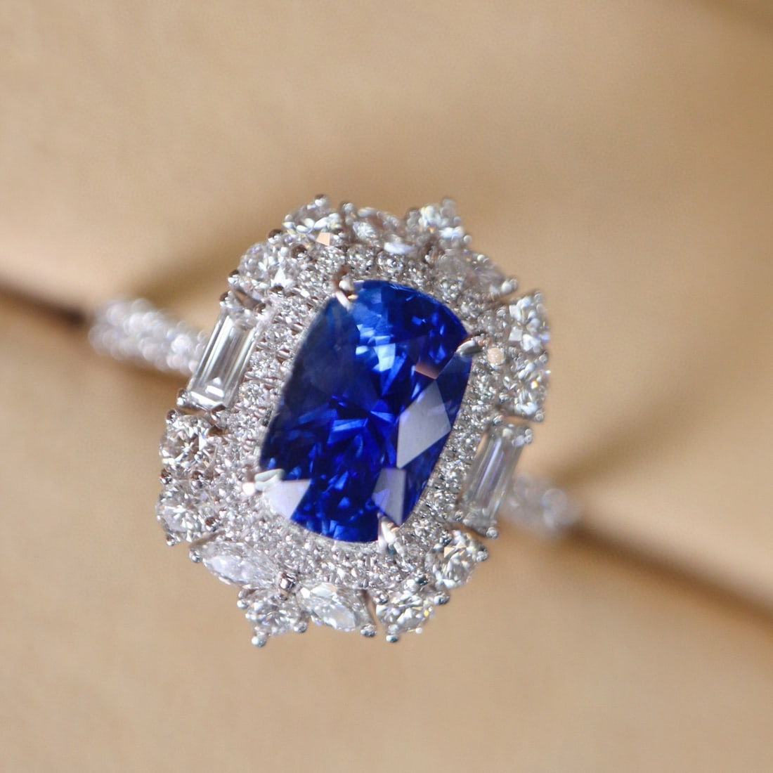 14k Gold 2.77 Ctw Natural Sapphire & Diamond Ring: Ref:230975096 // gold content:14k gold // ring size:7. 25us // // main gemstone:sapphire // shape:cushion // carat weight:2. 02ct // color:royal blue // treatment:natural // // adjacent gemstone 2 : d