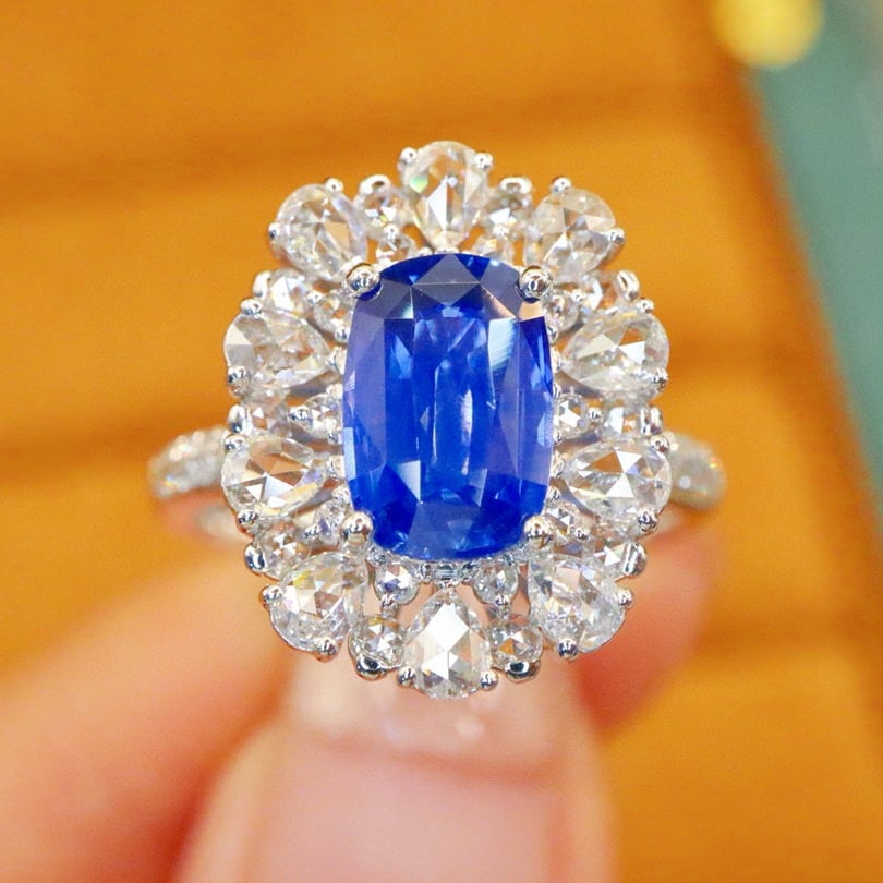 14k Gold 2.97 Ctw Natural Sapphire & Diamond Ring: Ref:230976028 // gold content:14k gold // ring size:7. 25us // // main gemstone:sapphire // shape:cushion // carat weight:2. 10ct // color:blue // treatment:natural // // adjacent gemstone 2 : diamond