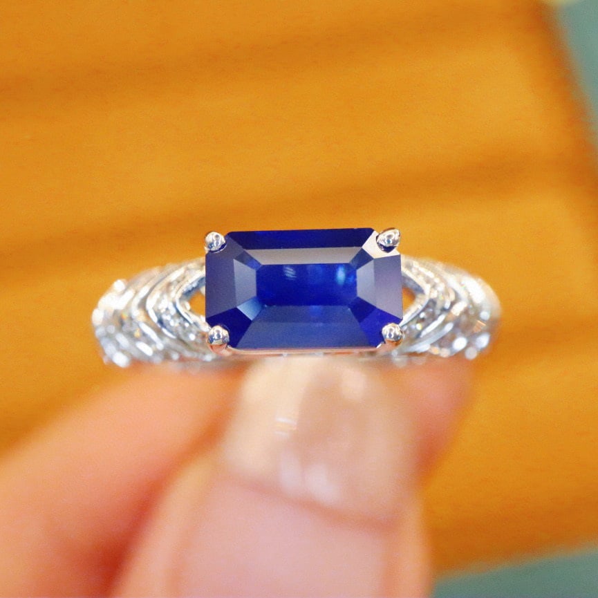 14k Gold 1.75 Ctw Natural Sapphire & Diamond Ring: Ref:230976124 // gold content:14k gold // ring size:7. 25us // // main gemstone:sapphire // shape:octagonal // carat weight:1. 60ct // color:royal blue // treatment:natural // // adjacent gemstone 2
