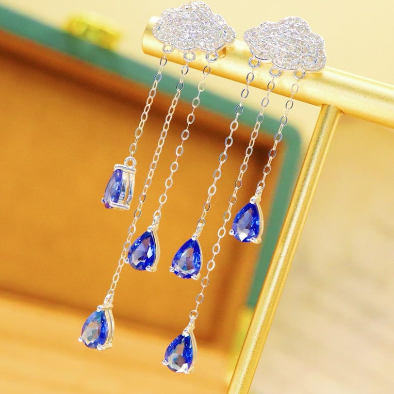 14k Gold 3.37 Ctw Natural Sapphire & Diamond Earrings: Ref:230976136 // gold content:14k gold // main gemstone:sapphire // shape:pear // carat weight:3. 01ct // color:blue // treatment:natural // // adjacent gemstone 2 : diamond // number of stones:121 //
