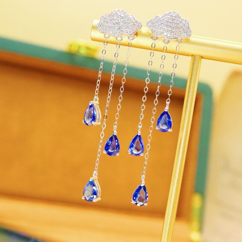 14k Gold 3.37 Ctw Natural Sapphire & Diamond Earrings - 5