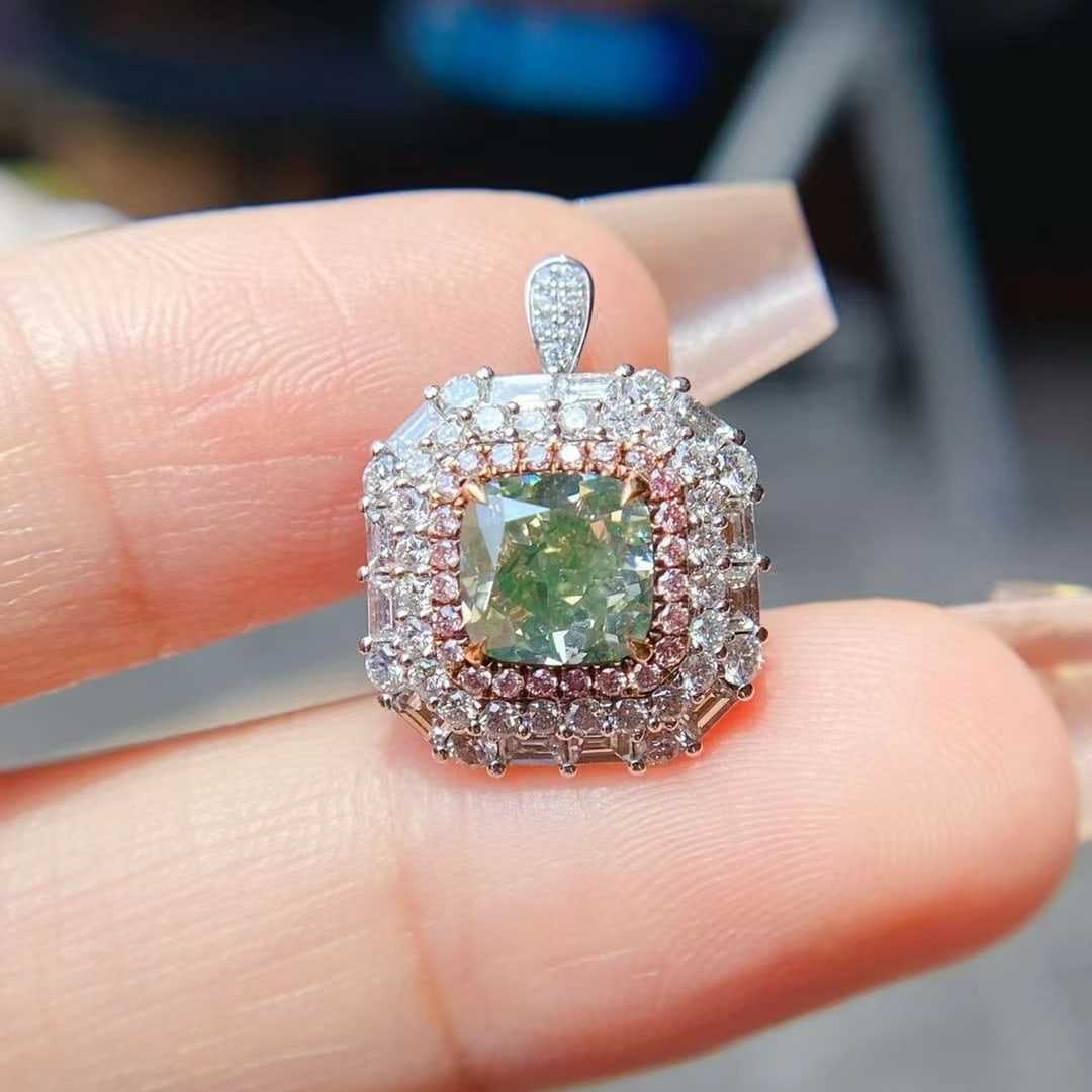 Gia Certified 14k Gold 2.66 Ctw Natural Green Diamond & Diamond Ring/pendant( Without Chain ): Ref:230976204 // gold content:14k gold // ring size:7. 25us // // main gemstone:green diamond // certified:gia // shape:cushion // carat weight:1. 6ct // clarity grade:si1 // color:green // treatment: