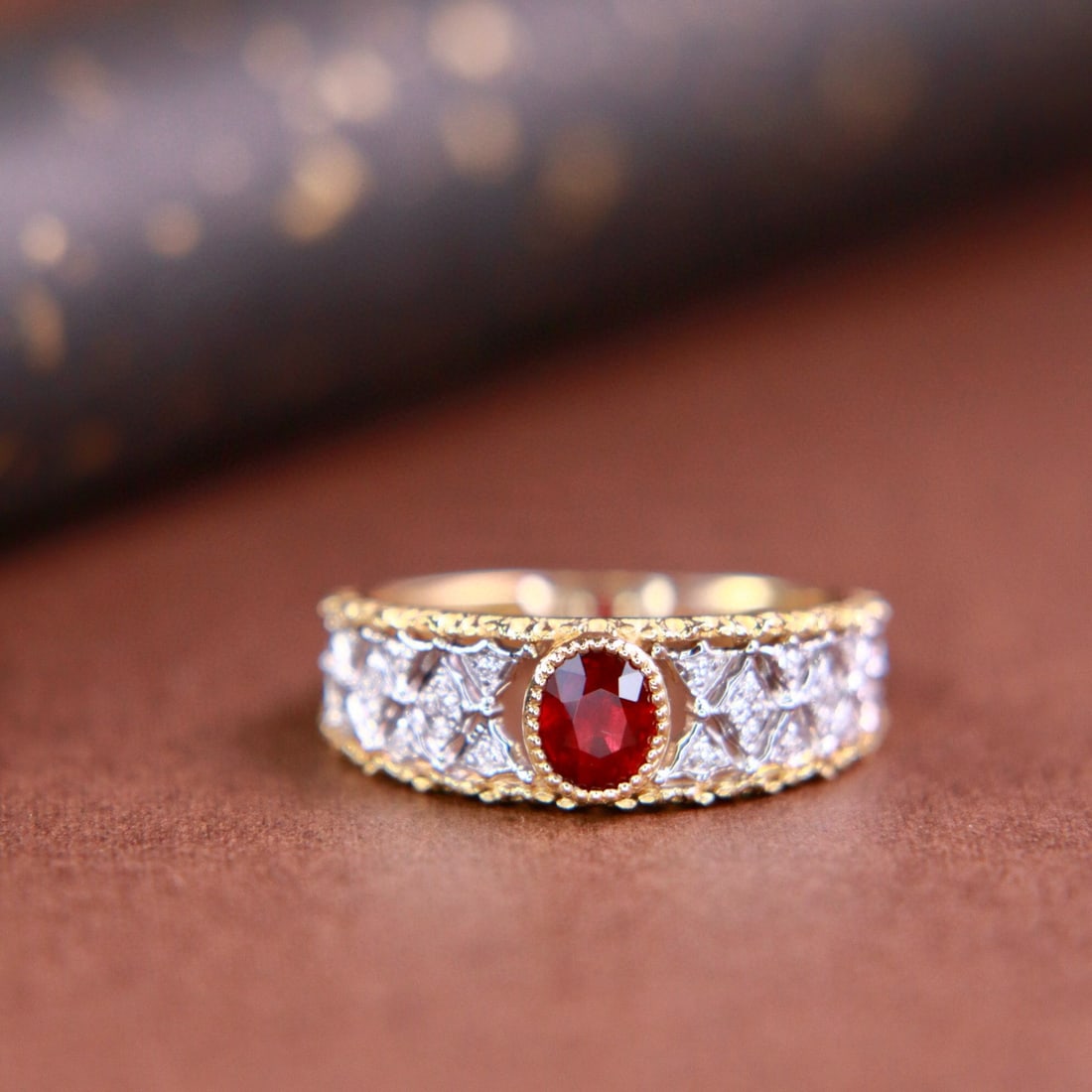 14k Gold 0.57 Ctw Natural Ruby & Diamond Ring: Ref:230976214 // gold content:14k gold // ring size:7. 25us // // main gemstone:ruby // shape:oval // carat weight:0. 5ct // color:pigeonblood red // treatment:natural // // adjacent gemstone 2 :