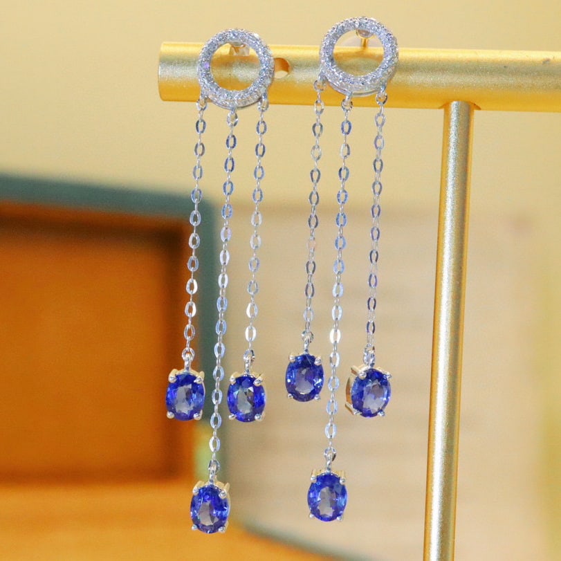 14k Gold 2.54 Ctw Natural Sapphire & Diamond Earrings: Ref:230976338 // gold content:14k gold // main gemstone:sapphire // shape:oval // carat weight:2. 31ct // color:cornflower blue // treatment:natural // // adjacent gemstone 2 : diamond // number of st