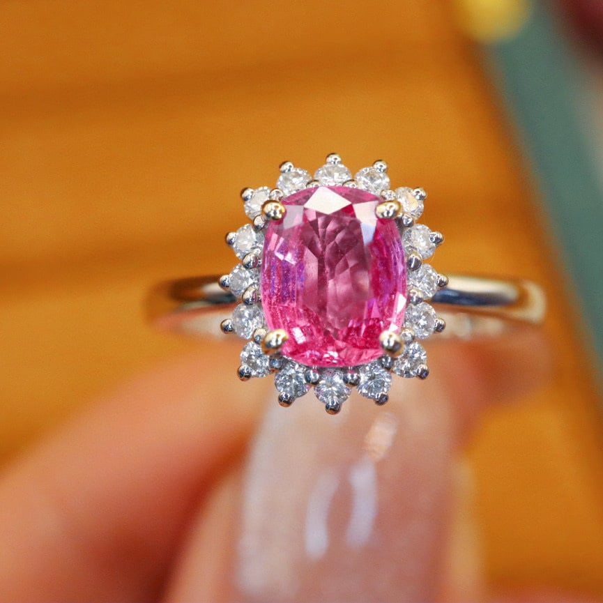 14k Gold 1.44 Ctw Natural Padparadscha Sapphire & Diamond Ring: Ref:230976342 // gold content:14k gold // ring size:7. 25us // // main gemstone:padparadscha sapphire // shape:cushion // carat weight:1. 2ct // color:orangish pink // treatment:natural // //
