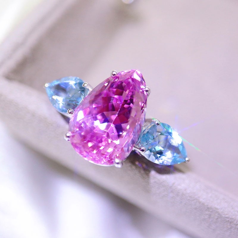 14k Gold 10.35 Ct Natural Kunzite & Sapphire Ring - 2