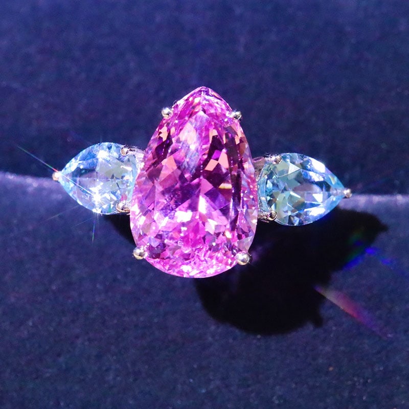 14k Gold 10.35 Ct Natural Kunzite & Sapphire Ring - 4