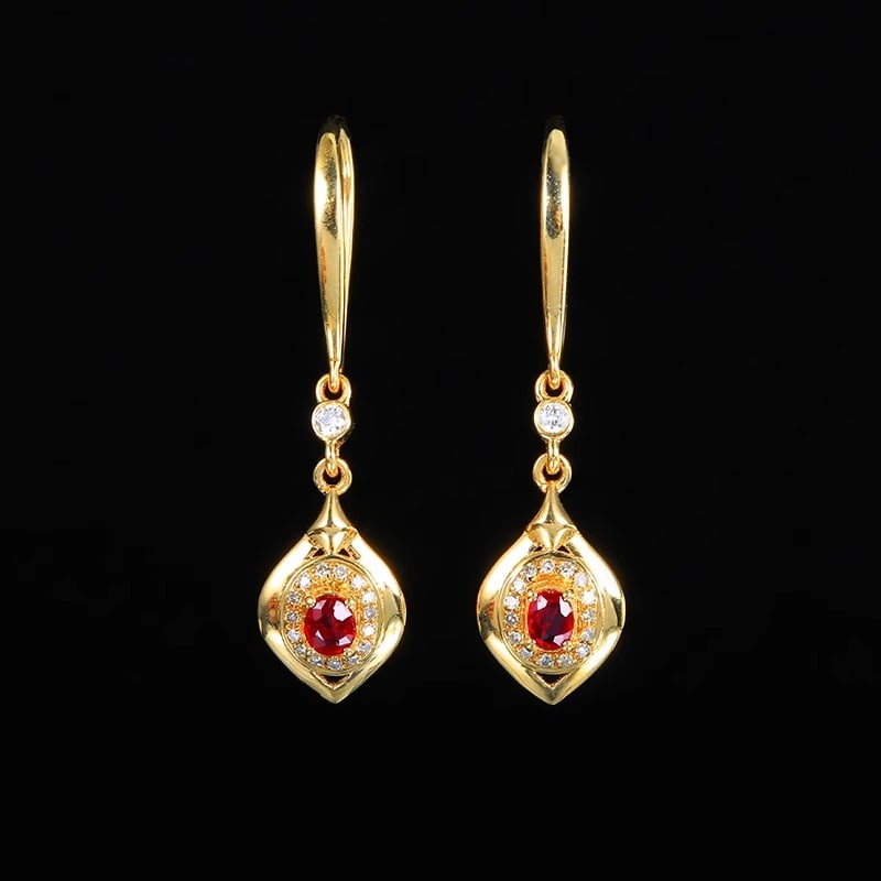 14k Gold 0.33 Ctw Natural Ruby & Diamond Earrings: Ref:230981014 / / gold content:14k gold / / main gemstone:ruby / / shape:oval / / carat weight:0. 22ct / / color:red / / treatment:natural / / / / adjacent gemstone 2 : diamond / / number of