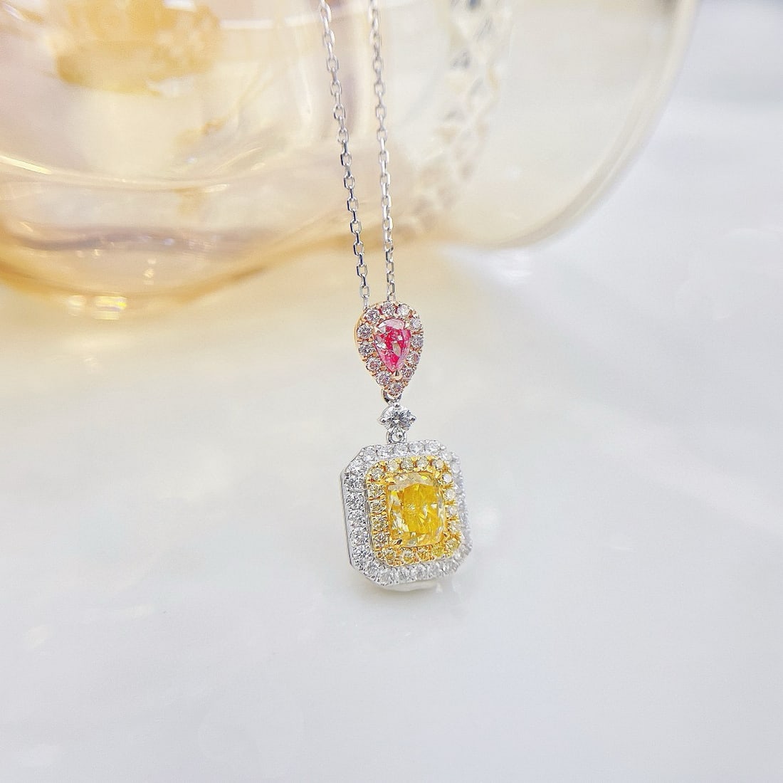 14k Gold 1.19 Ctw Natural Yellow Diamond & Pink Diamond Necklace - 3