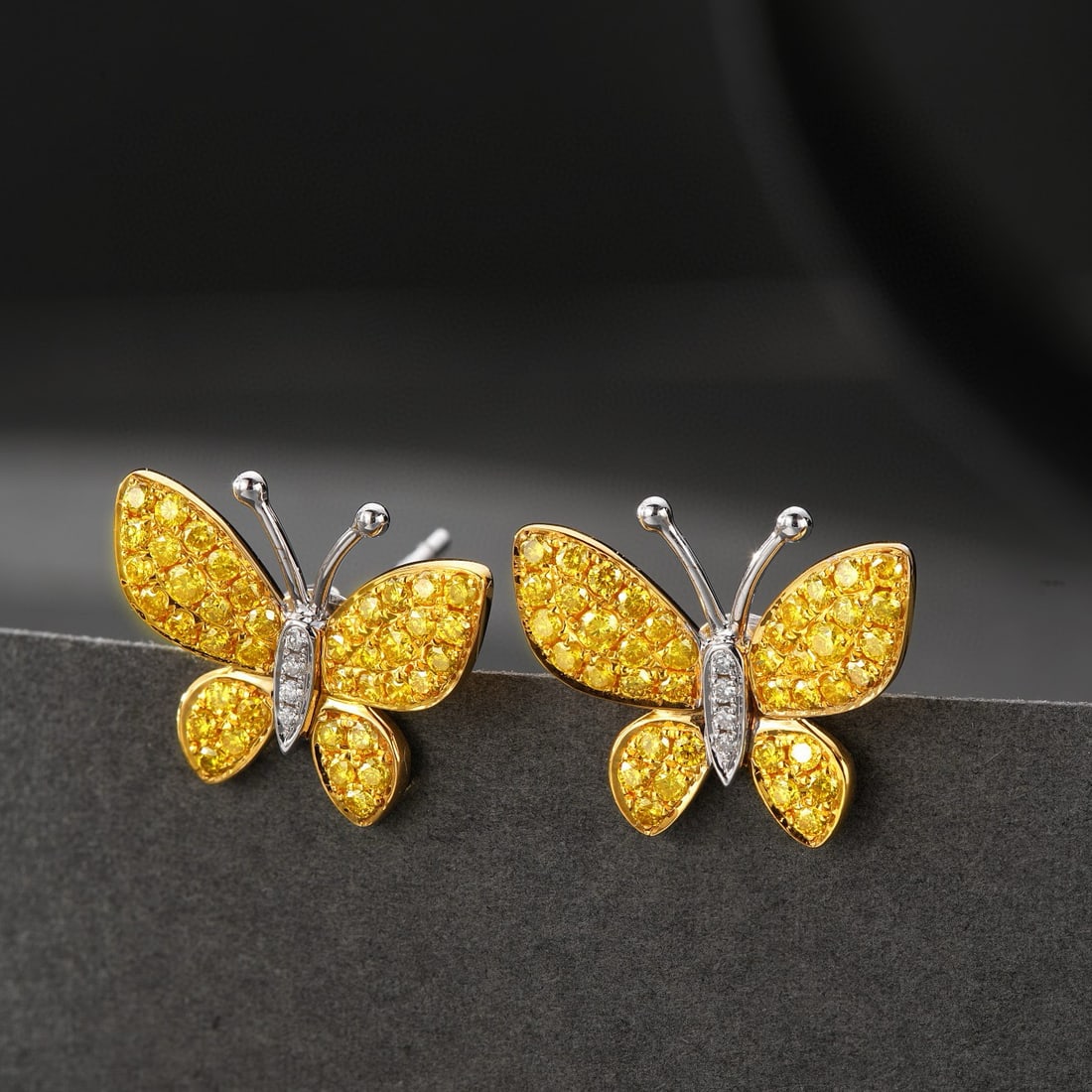 14k Gold 0.66 Ct Natural Yellow Diamond & Diamond & Butterfly Earrings - 2