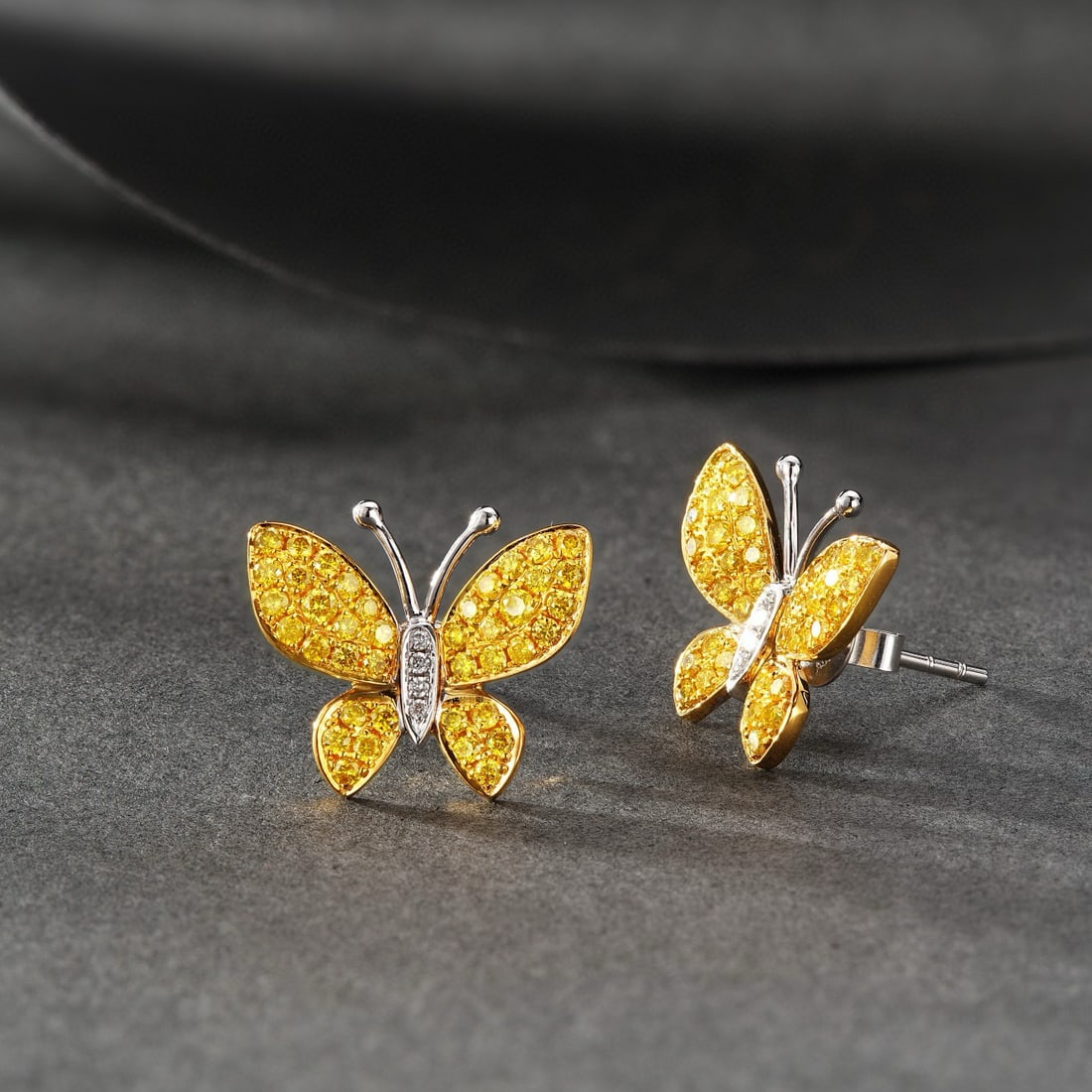 14k Gold 0.66 Ct Natural Yellow Diamond & Diamond & Butterfly Earrings - 3