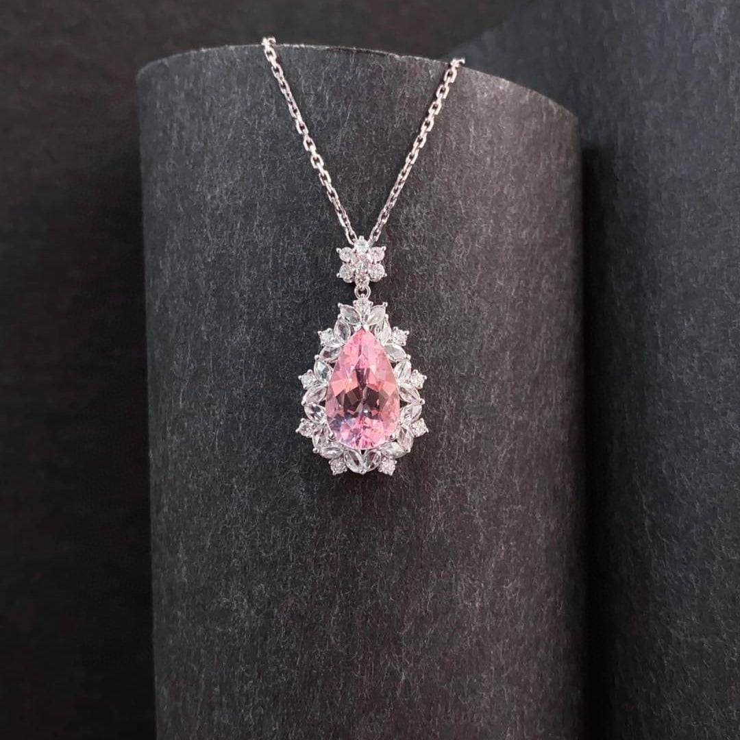 14k Gold 2.67 Ctw Natural Morganite & Diamond Pendant( Without Chain ): Ref:230981028 / / gold content:14k gold / / main gemstone:morganite / / shape:pear / / carat weight:2. 1ct / / color:cherry blossom color / / treatment:natural / / / / adjacent gemstone 2 : diamond /
